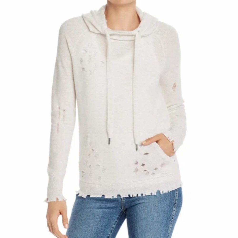 AQUA Gray Distressed 100% Cashmere Hooded Sweater Women's Size L Hoodie